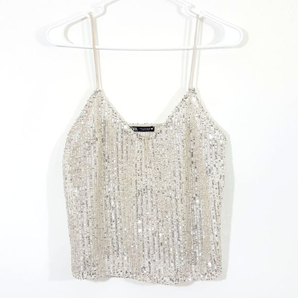 Zara Tops - Zara Silver Sequin Camisole Crop Top Blouse S